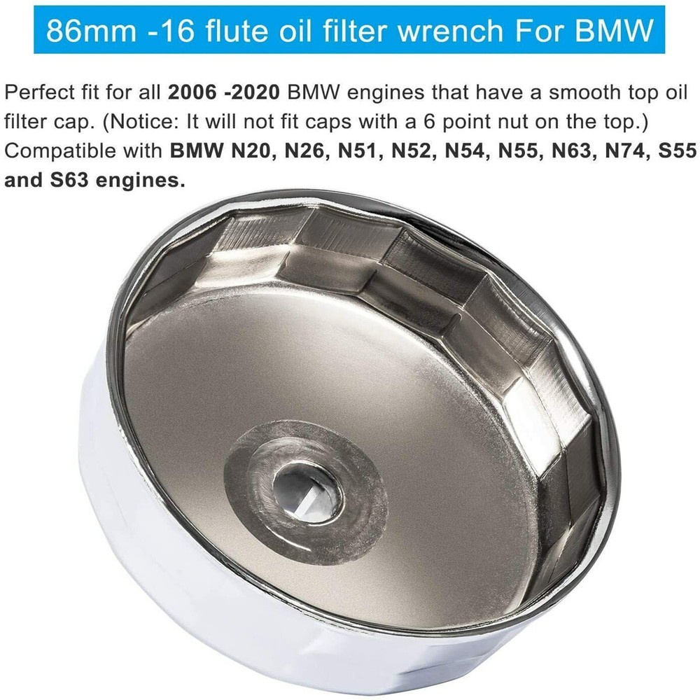 Silver Steel 86mm 16-Flute Oil Filter Wrench Cap Tool for BMW Volvo