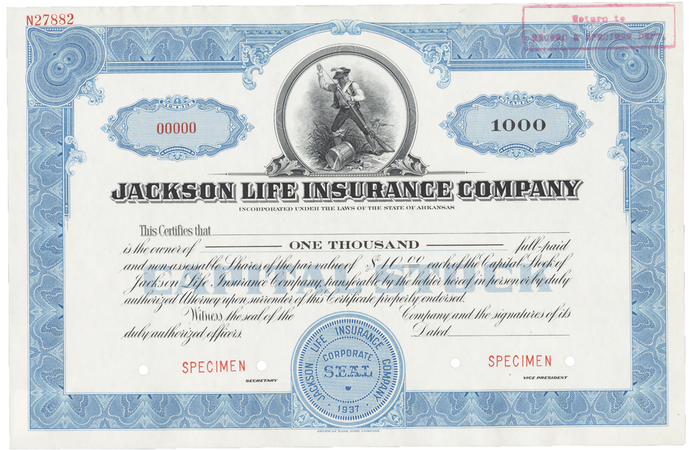 Jackson Life Insurance Company. Stock Certificate.