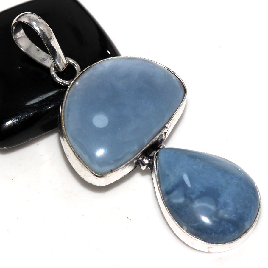 925 Silver Plated Owhyee Blue Opal Ethnic Long Pendant Jewelry Size 2.3