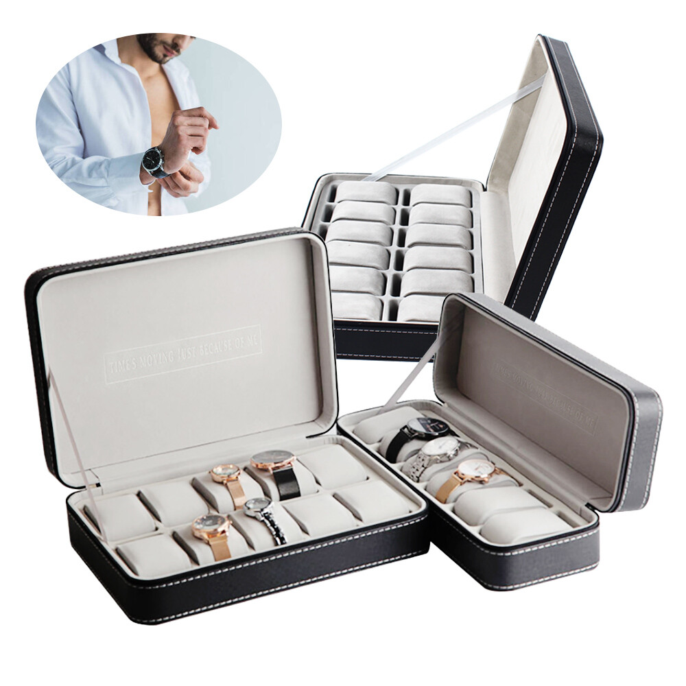6 10 12 Slot Black Watch Box with Zipper Jewelry Storage Case
