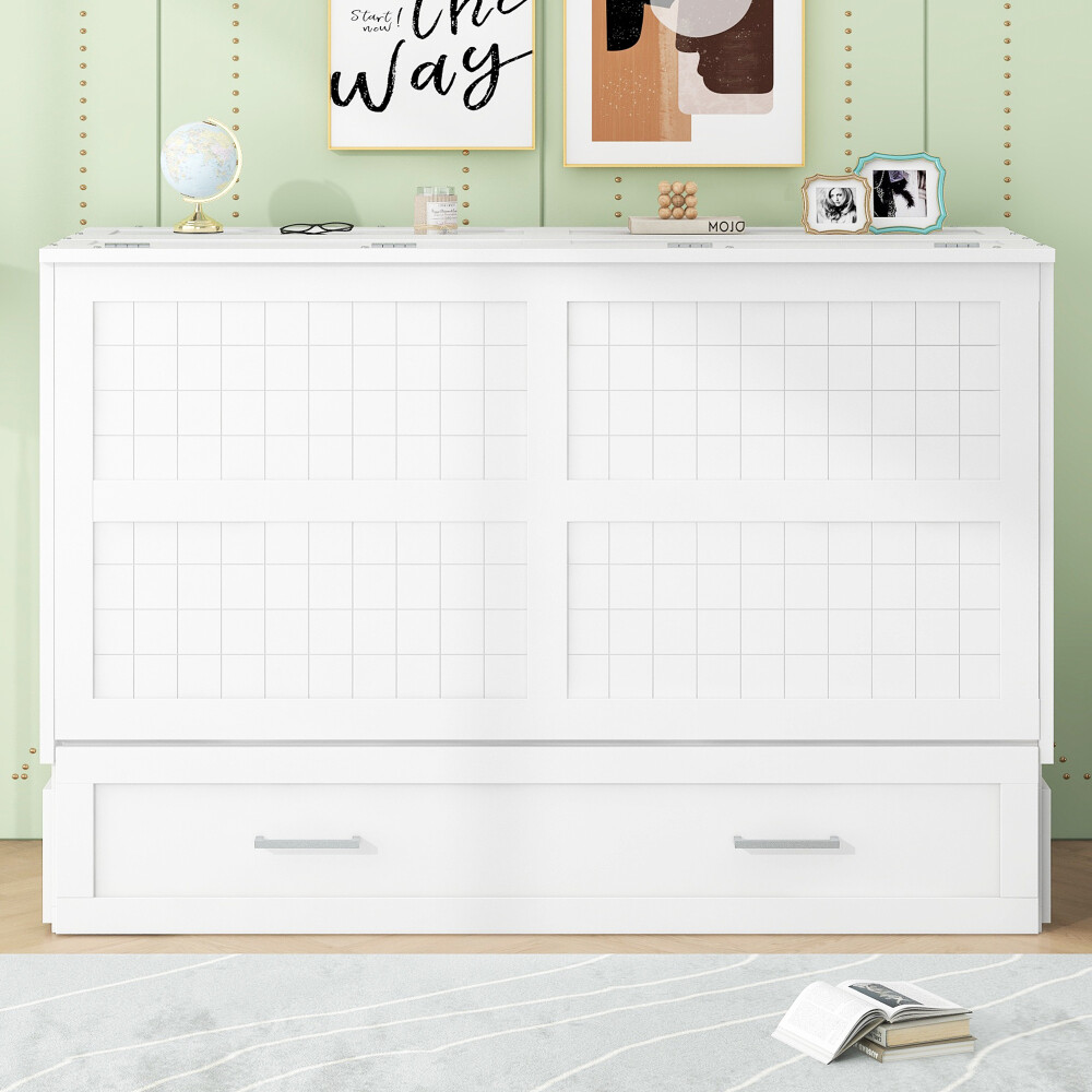 White Queen Murphy Bed with Storage Drawer & Side Shelves