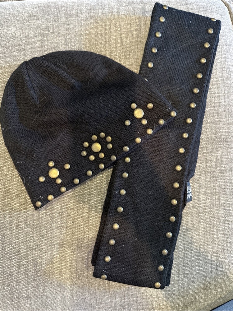 Kenneth Cole Black Studded Beanie and Scarf Set