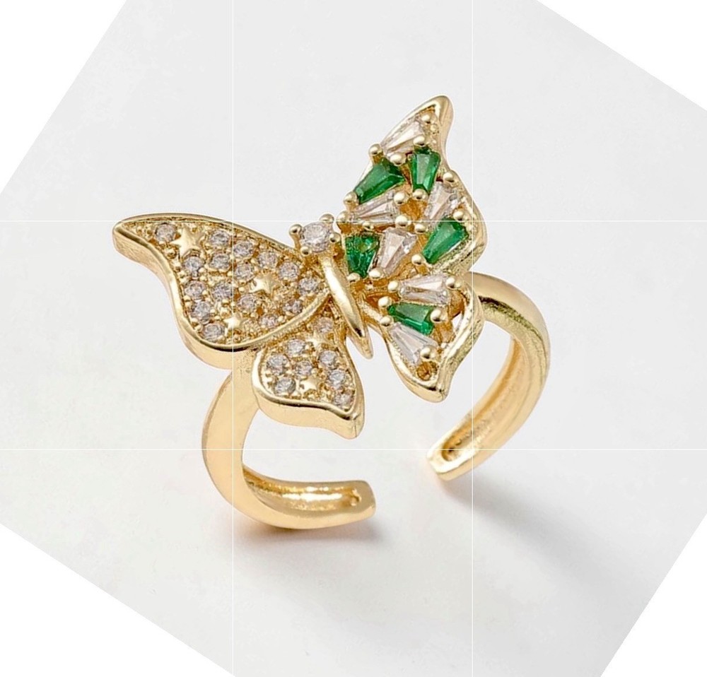 18k Gold Plated Emerald Baguette CZ Butterfly Mariposa Adjustable Statement Ring