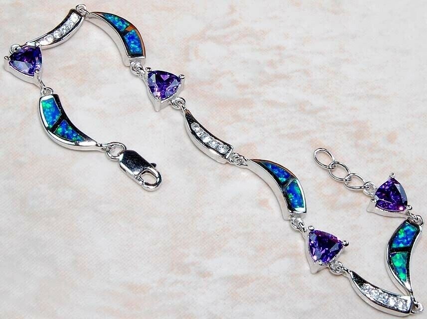 4CT Amethyst & Australian Opal Inlay 925 Sterling Silver Tennis Bracelet OX1