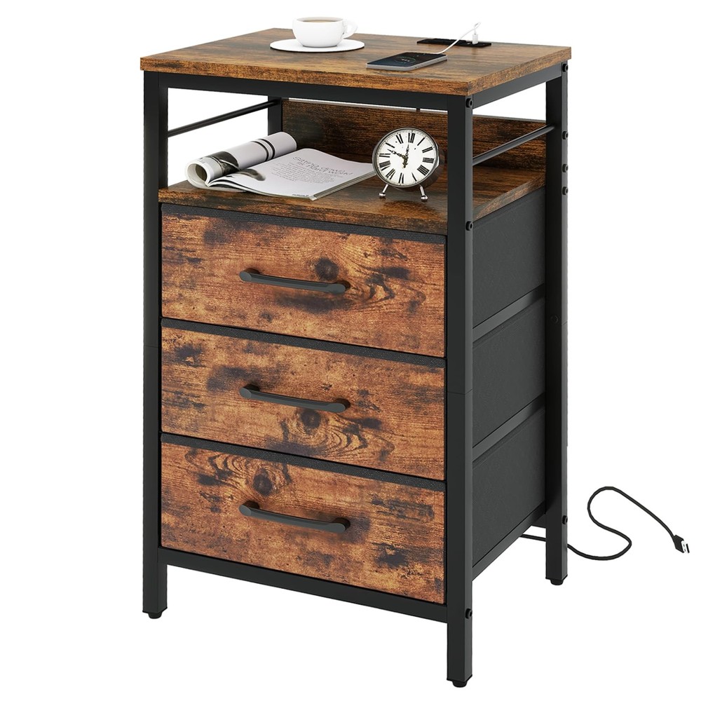 IBUYKE Nightstand with 3 Fabric Drawers and Built-in Charging Station for Bedroom