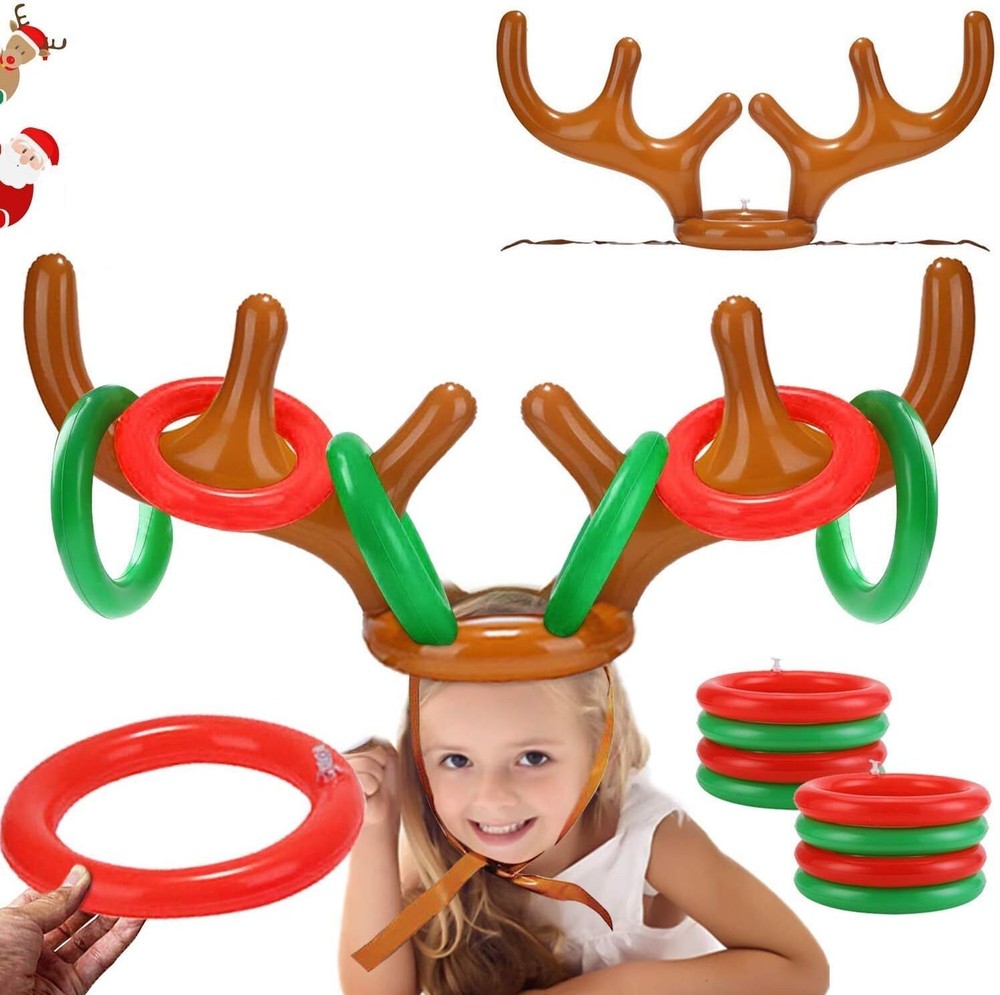 2PCS Christmas Party Toss Game Toy Inflatable Reindeer Antler Hat with 8 Rings