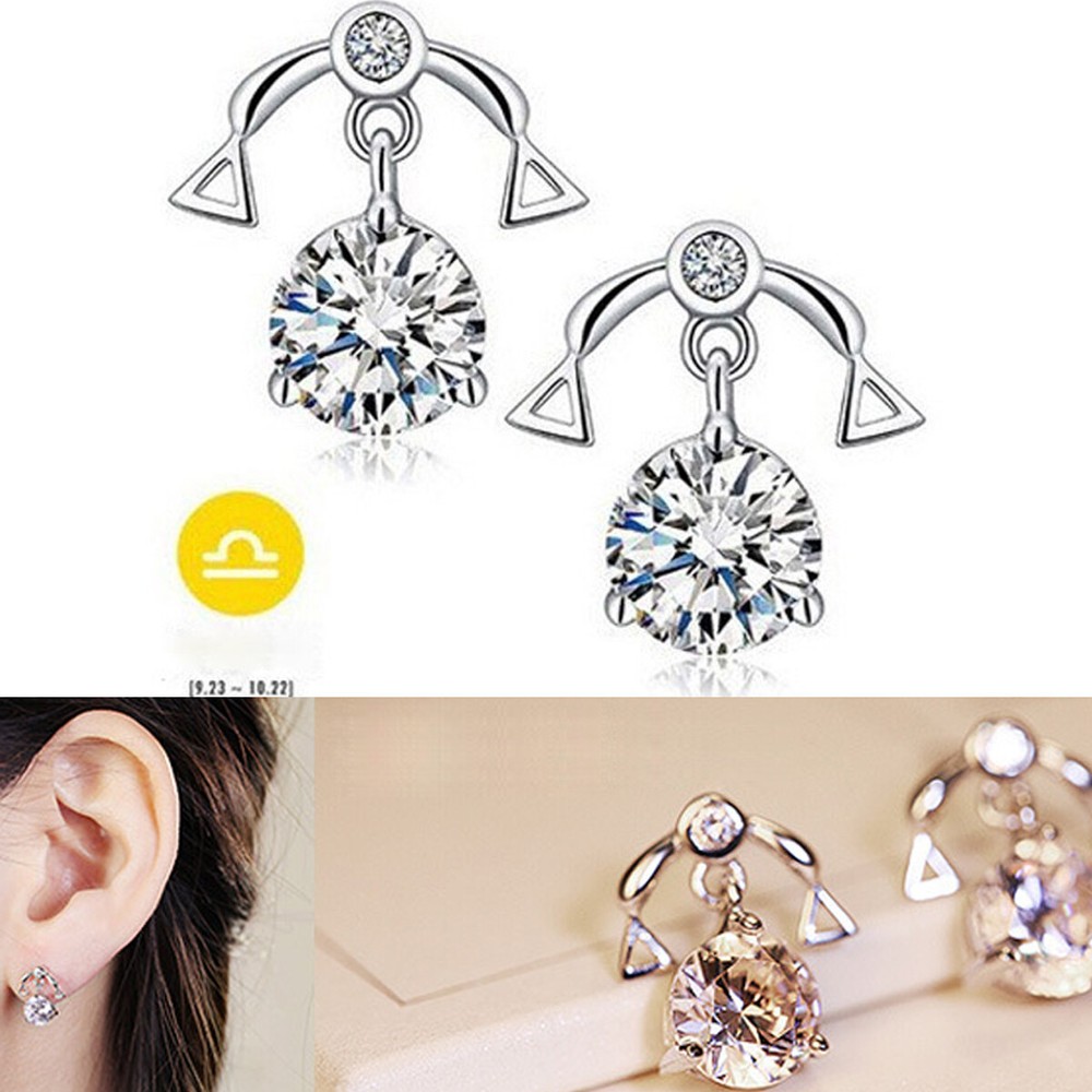 925 Sterling Silver Tarnish-Resist Libra Zodiac Sign Crystal Post Earrings K1230