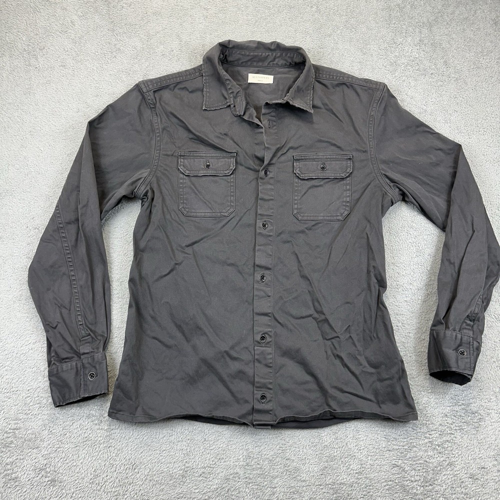 ALLSAINTS Men's Button Overshirt Small Grey BRYANT SHIRT Cotton Twill Utility