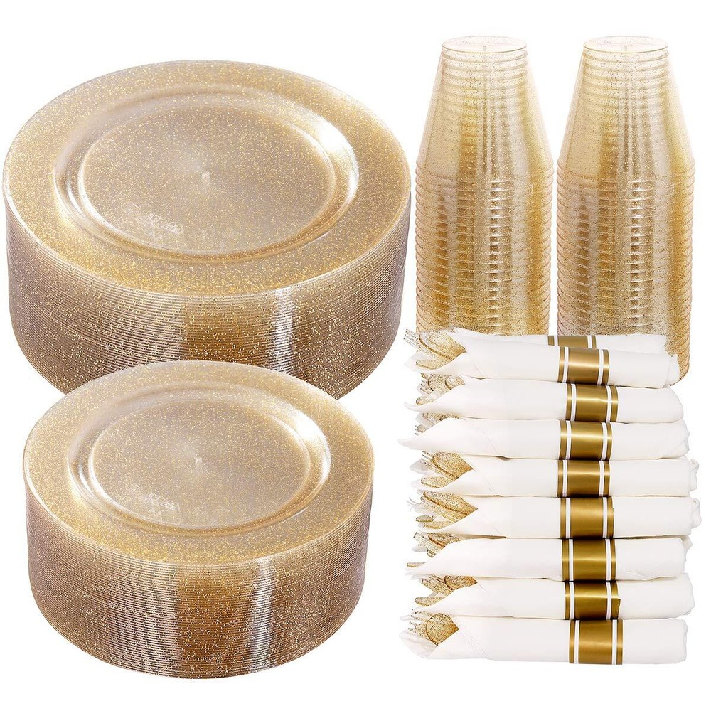 350-Piece Gold Glitter Dinnerware Set for 50 Guests, Includes 50 Dinner Plates