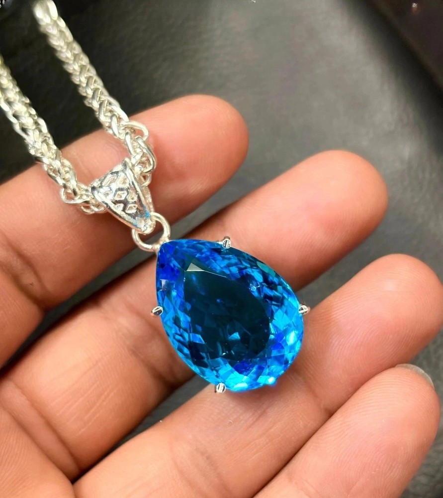 Natural 40 Ct+ Pear Cut BLUE Topaz Pendant Sterling Sliver Jewelry Gemstone