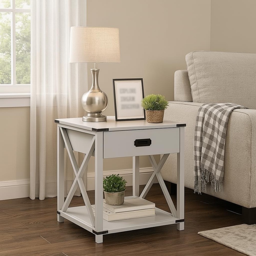 Modern Grey End Table with Storage Drawer & Shelf