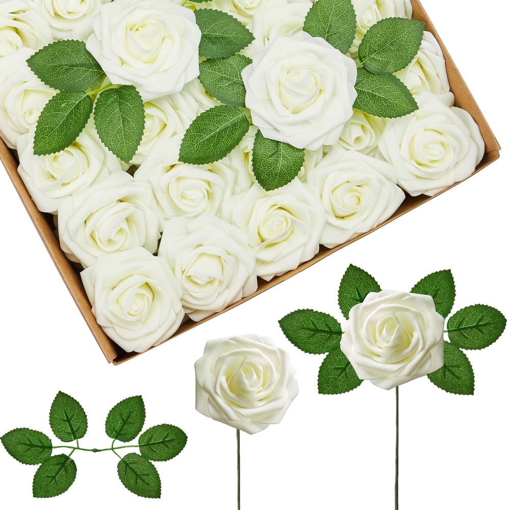InnoGear Artificial Roses Flowers, 50 Pcs Ivory Fake White Roses for Decorati...