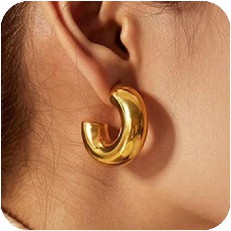 Trendy Chunky Hoop Earrings for Women - Dainty 14K Gold Plated Thinck Open Hoops
