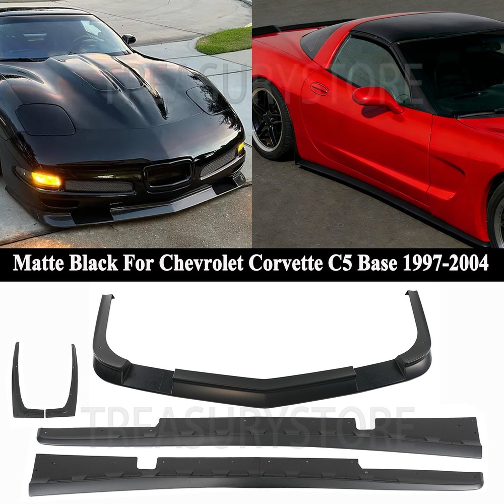 For Corvette C5 Base 1997-2004 ZR1 Style Matte Black Front Bumper Lip+Side Skirt
