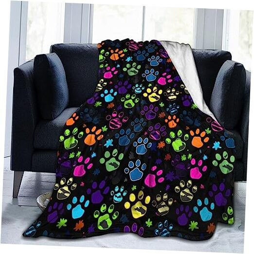 Colorful Dog Paw Print Throw Blanket Plush Microfiber Flannel Fleece Blanket
