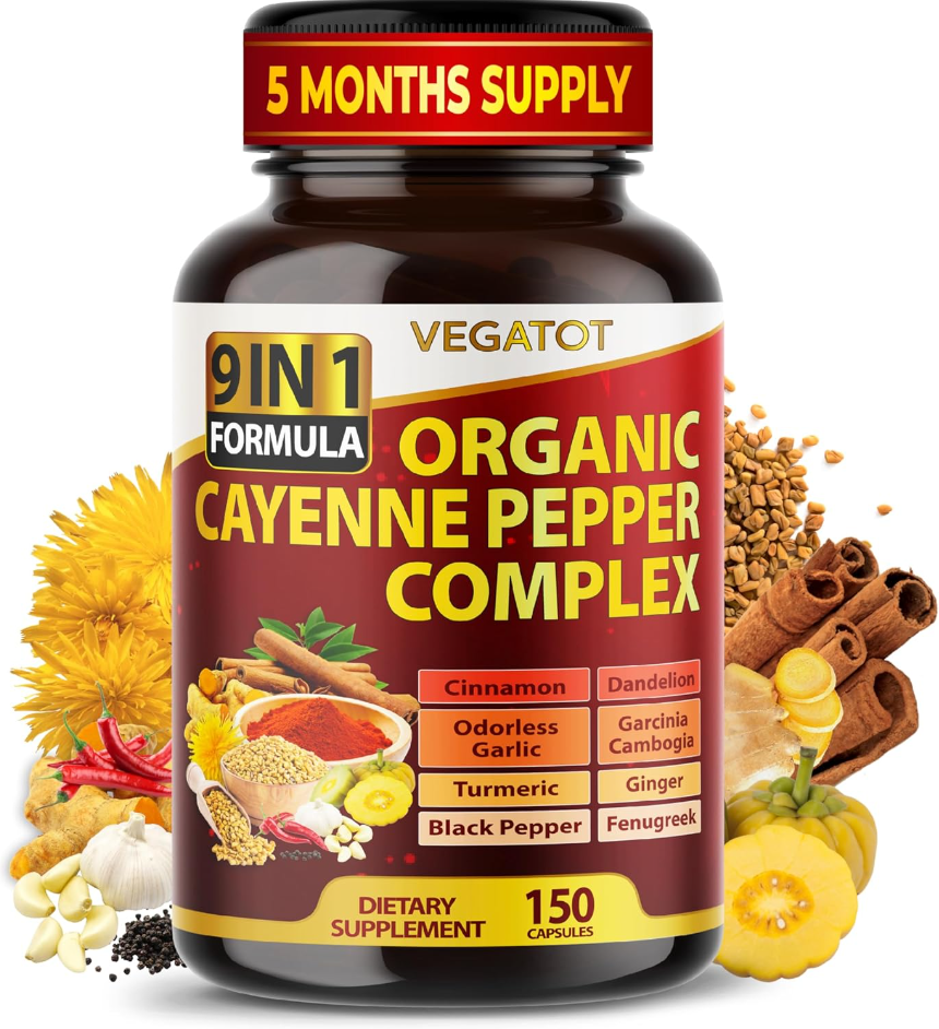Organic Cayenne Pepper 9IN1 Complex 12,900Mg with Cinnamon, Ginger, Turmeric