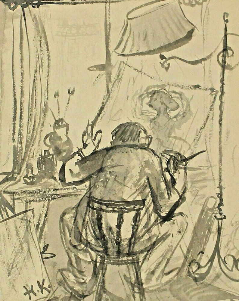 Clearance Sale Watercolor Ink Painter Table Studio Picture Monogrammed H.K.-image