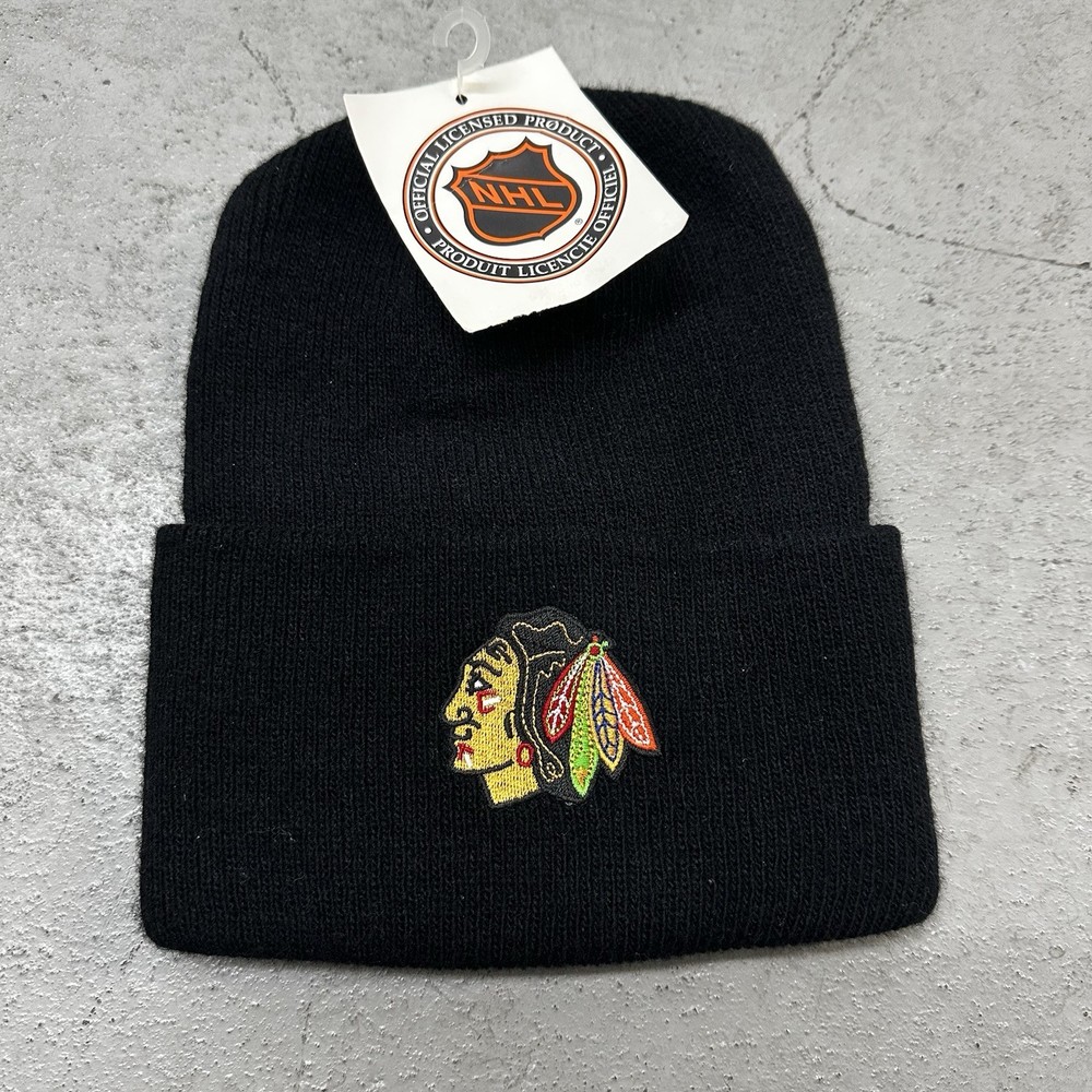 Vintage Chicago Blackhawks Knit Beanie Hat Cap Black Mens 90s Deadstock NHL 80s
