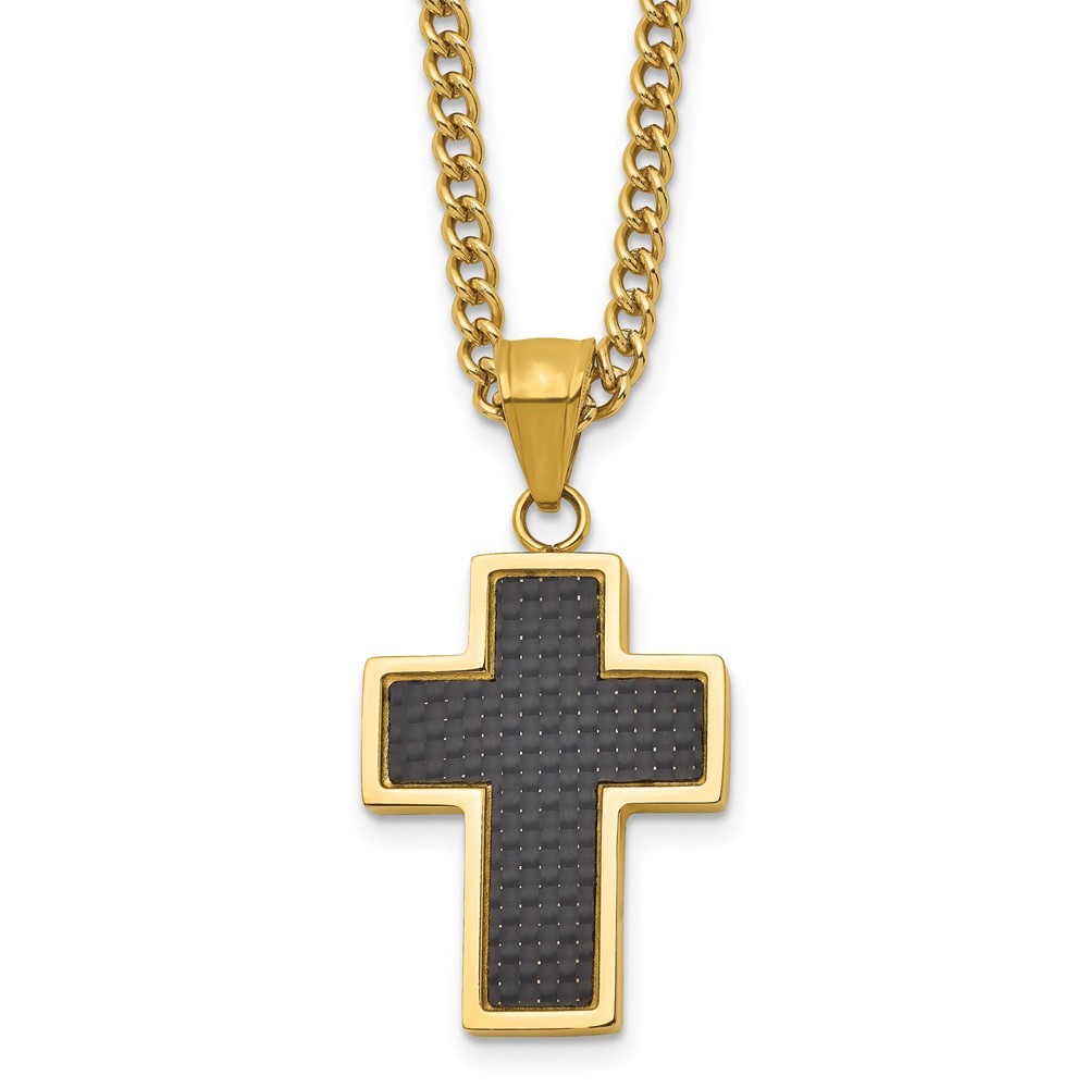 Stainless Steel Yellow IP-plated Carbon Fiber Inlay Cross Pendant Necklace 24