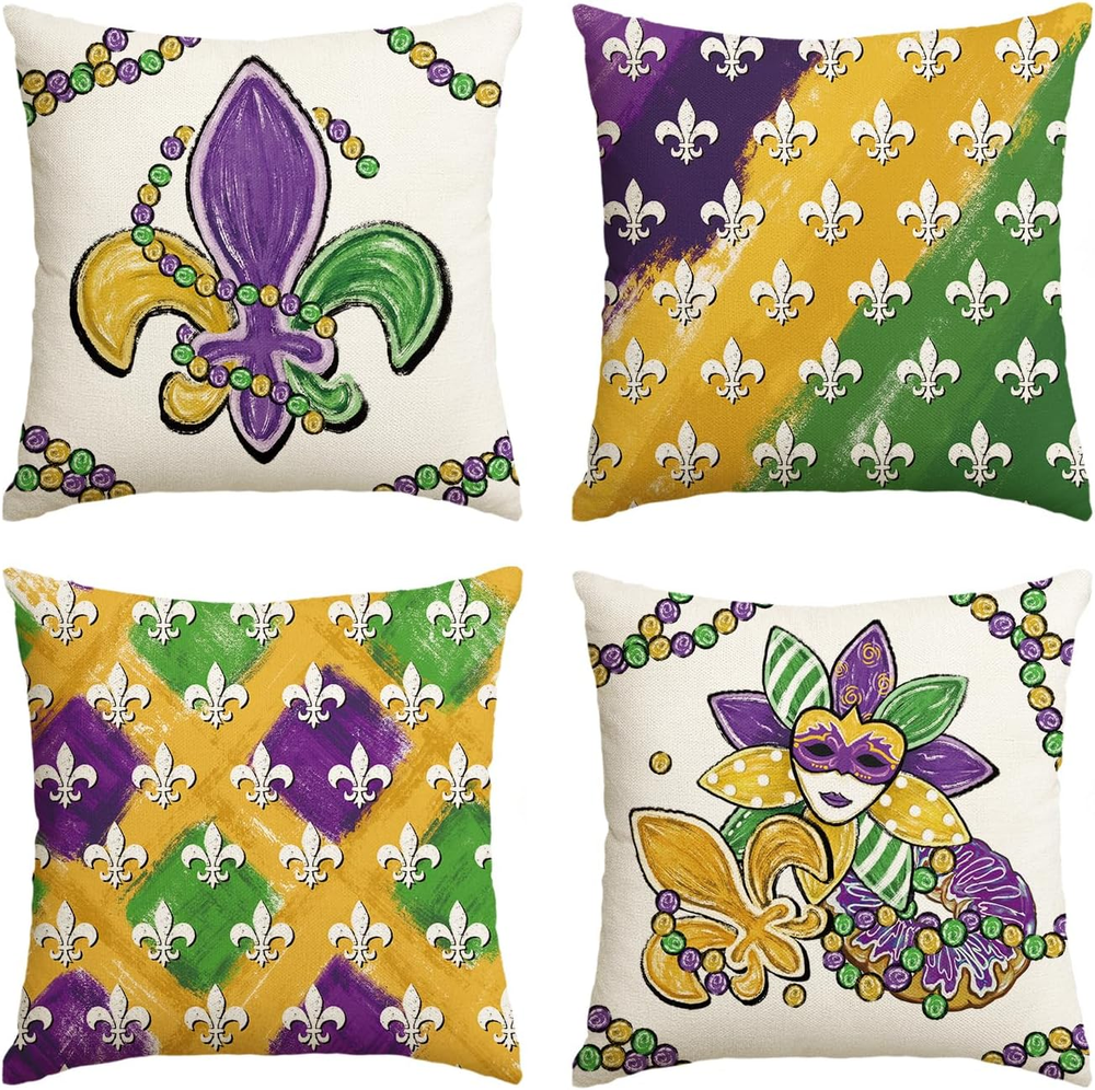 Mardi Gras Fleur De Lis Beads Donut Throw Pillow Covers, 18 X 18 Inch Holiday Cu