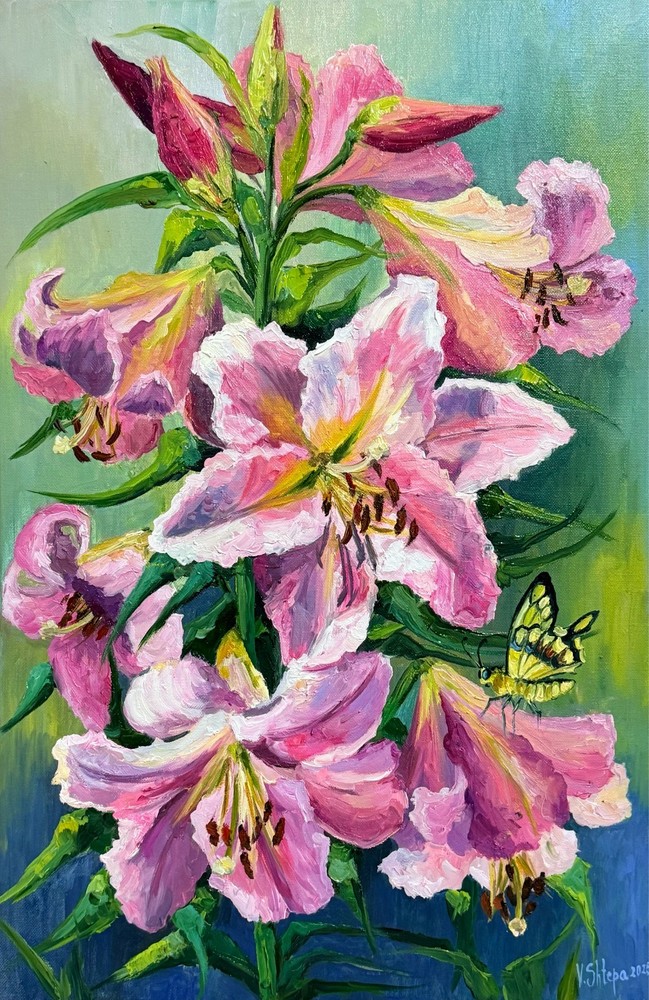 Original Oil Painting Flowers Blooming Pink Lilies Floral Impression Art 24x16
