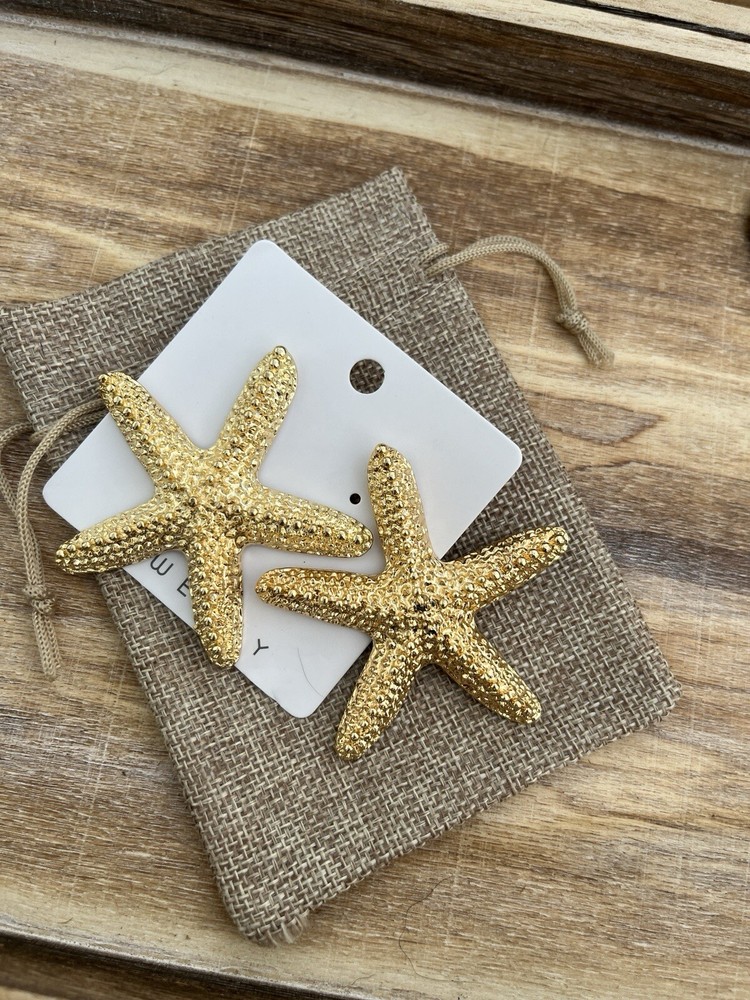 Matching Starfish Sea Star Earring And Necklace Set Gold Nautical Rope