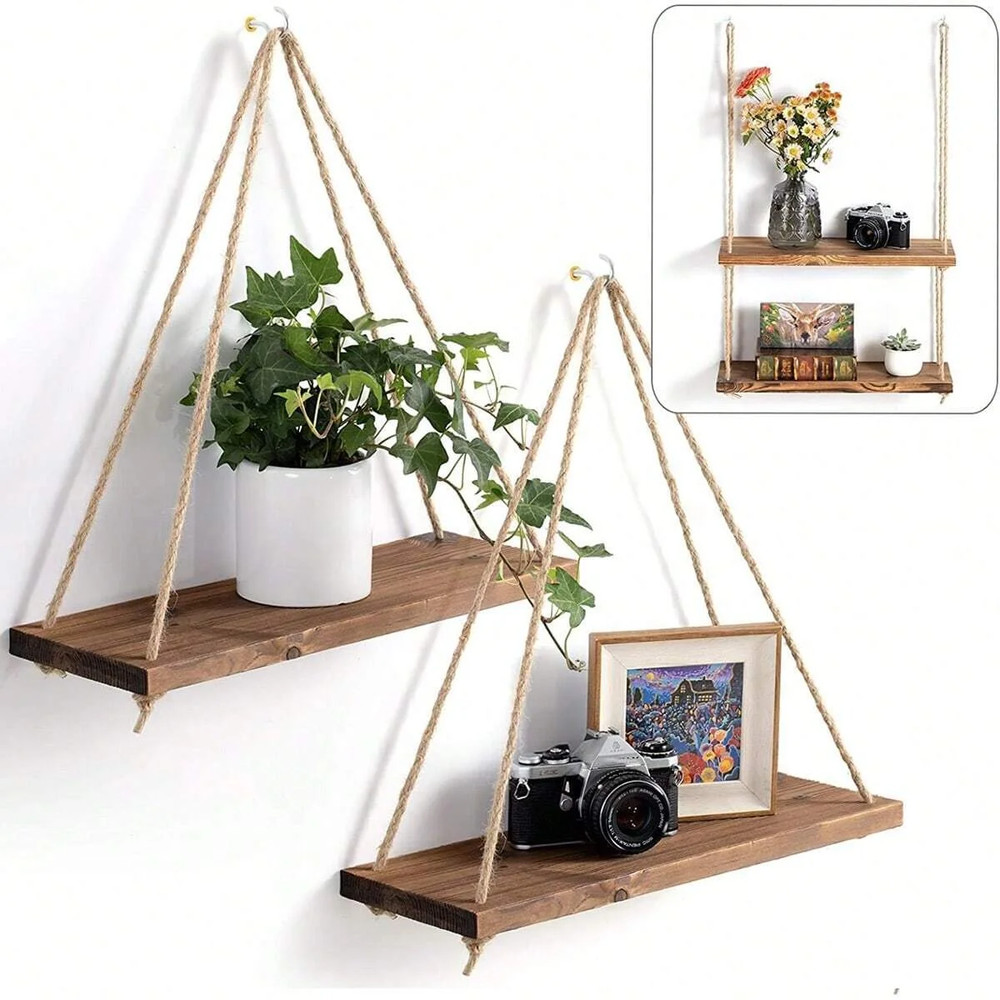1PC Wooden Swing Hanging Hemp Rope Wall Shelve Mounted Floating Home Living Room