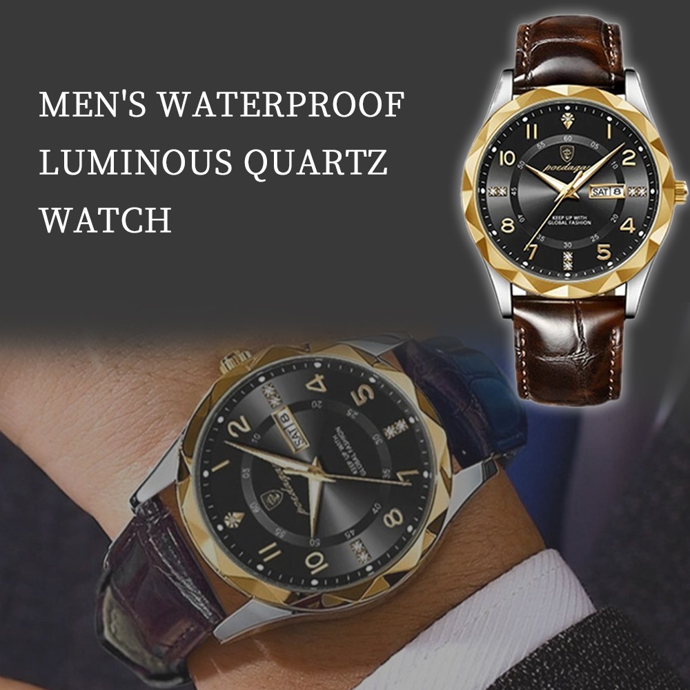Mens Calendar Watch Quartz Wristwatch Man Leather Watches Waterproof Luminous