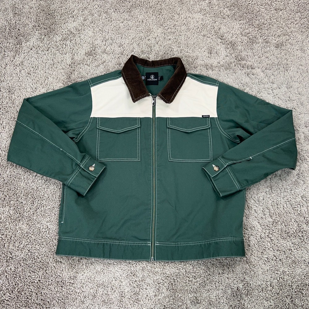 Volcom Jacket Womens Large Green Cream Brown Corduroy Collar Frochickie Coastal