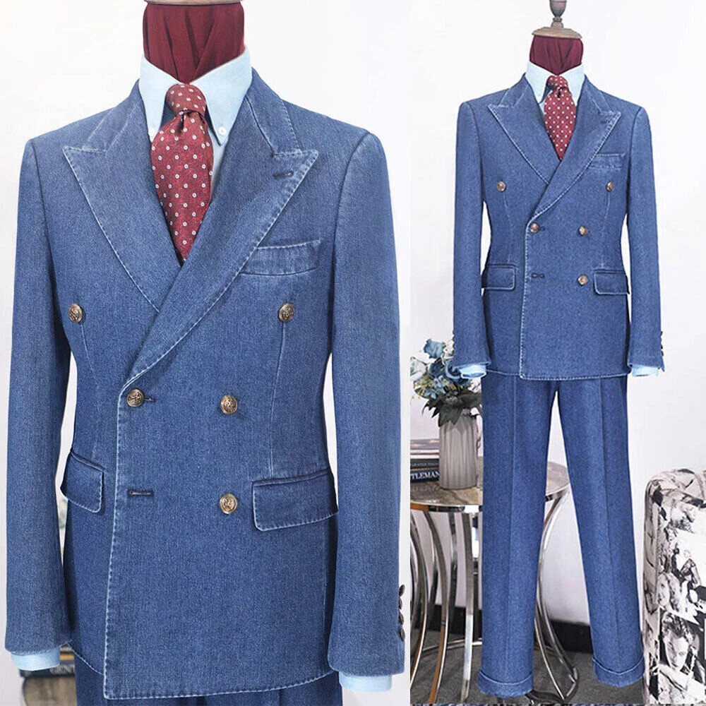 Denim Men Suits Slim Fit Double Breasted Peak Lapel Formal Tuxedos Jacket Pants