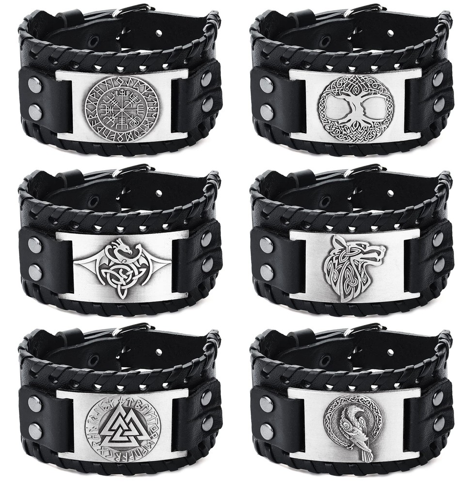 6Pcs Viking Bracelet for Men Punk Wide Leather Cuff Bracelet Viking Jewelry M...