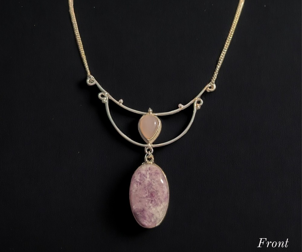 Elegant Purple Lepidolite and Rose Quartz Necklace in 925 Sterling Silver