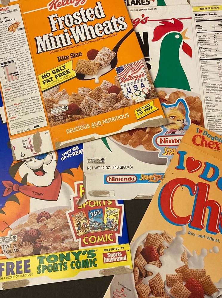 Retro Flattened Cereal Boxes Christmas Edition with Olympic & Nintendo Ads Rare