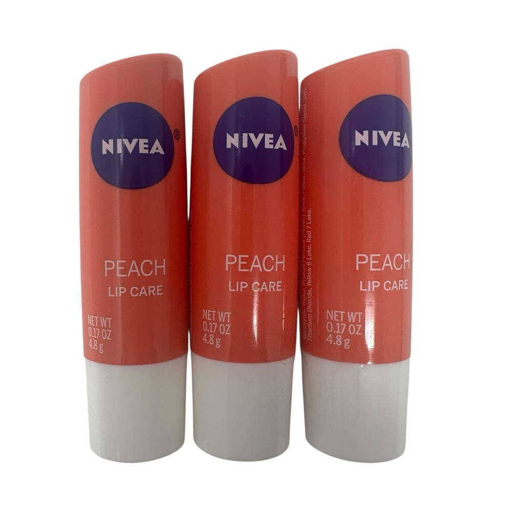 3 New Sealed NIVEA Peach Lip Care Tubes 0.17oz Discontinued Formula