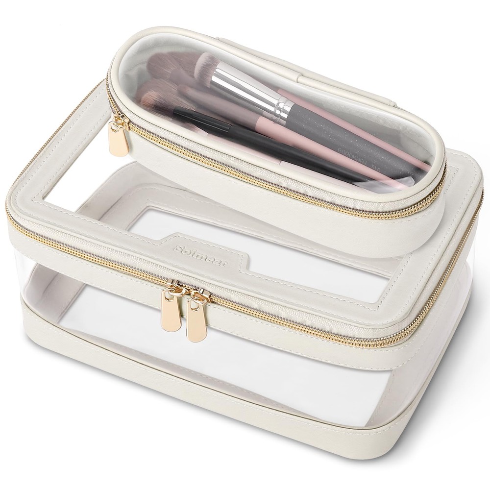 Leather Travel Makeup Bag with Clear Organizer and Brush Holder