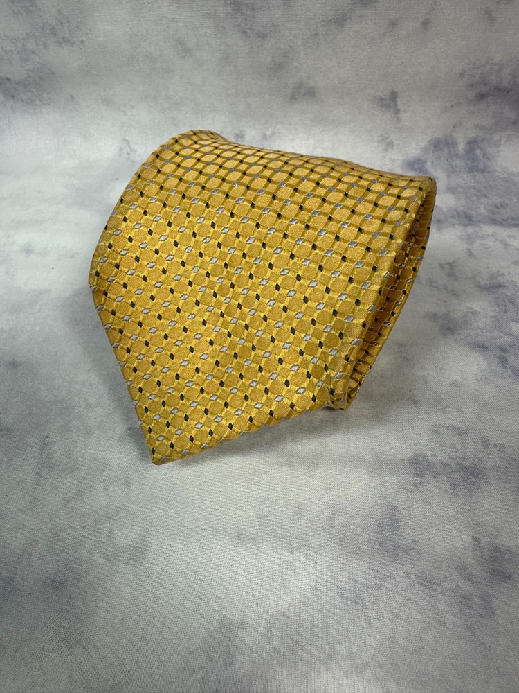 Jos. A. Bank Silk Tie Gold Geometric Blue Silver Pattern Made in Italy Luxury