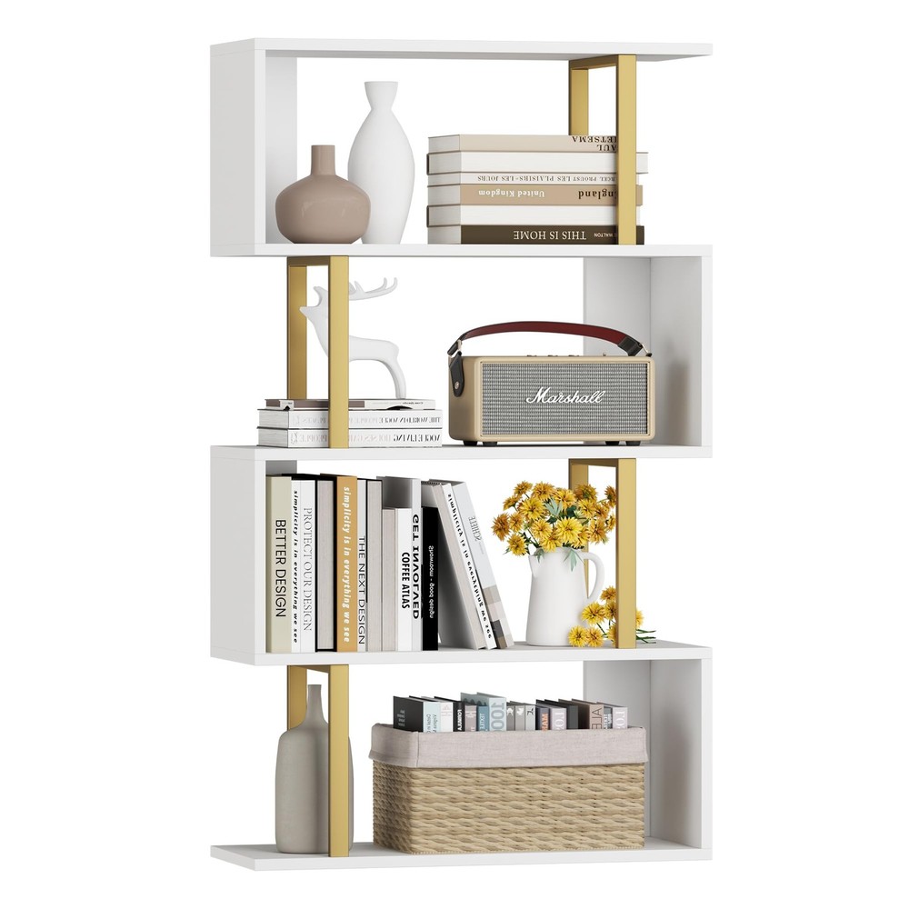 S Shaped Geometric Bookcase 4-Tier Modern Bookshelf for Bedroom Living Room Office Storage