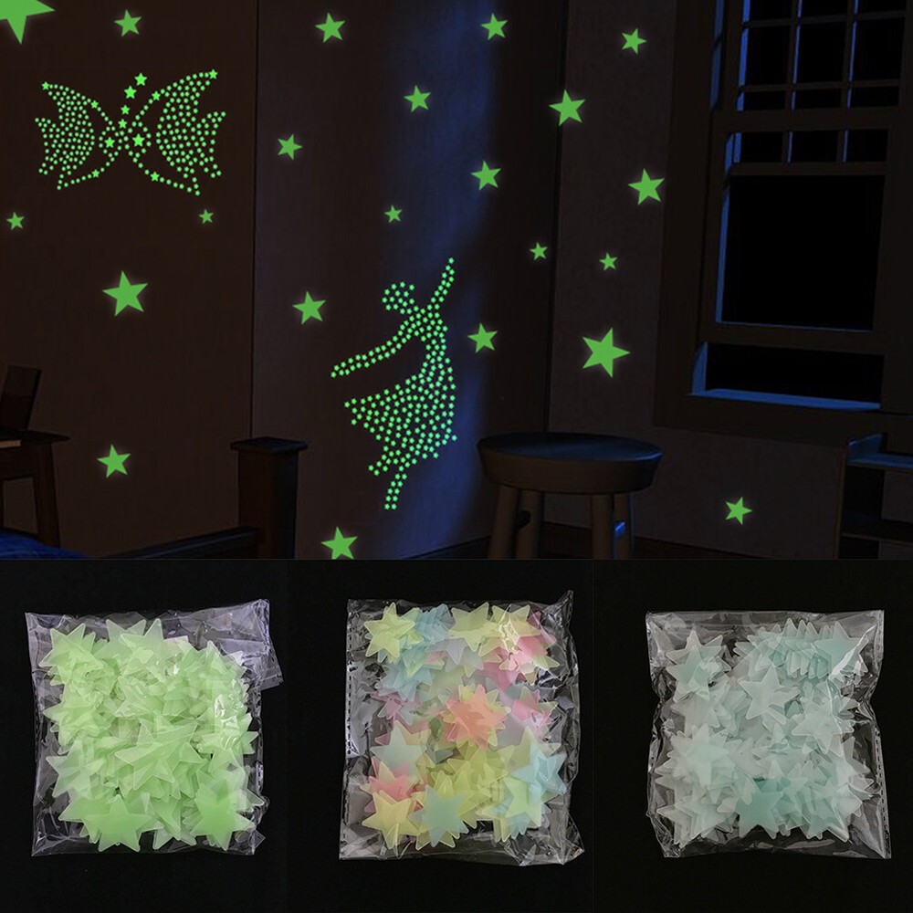 Glow in the Dark 3D Plastic Stars Wall Stickers Luminous Fluorescent 30mm 100pc