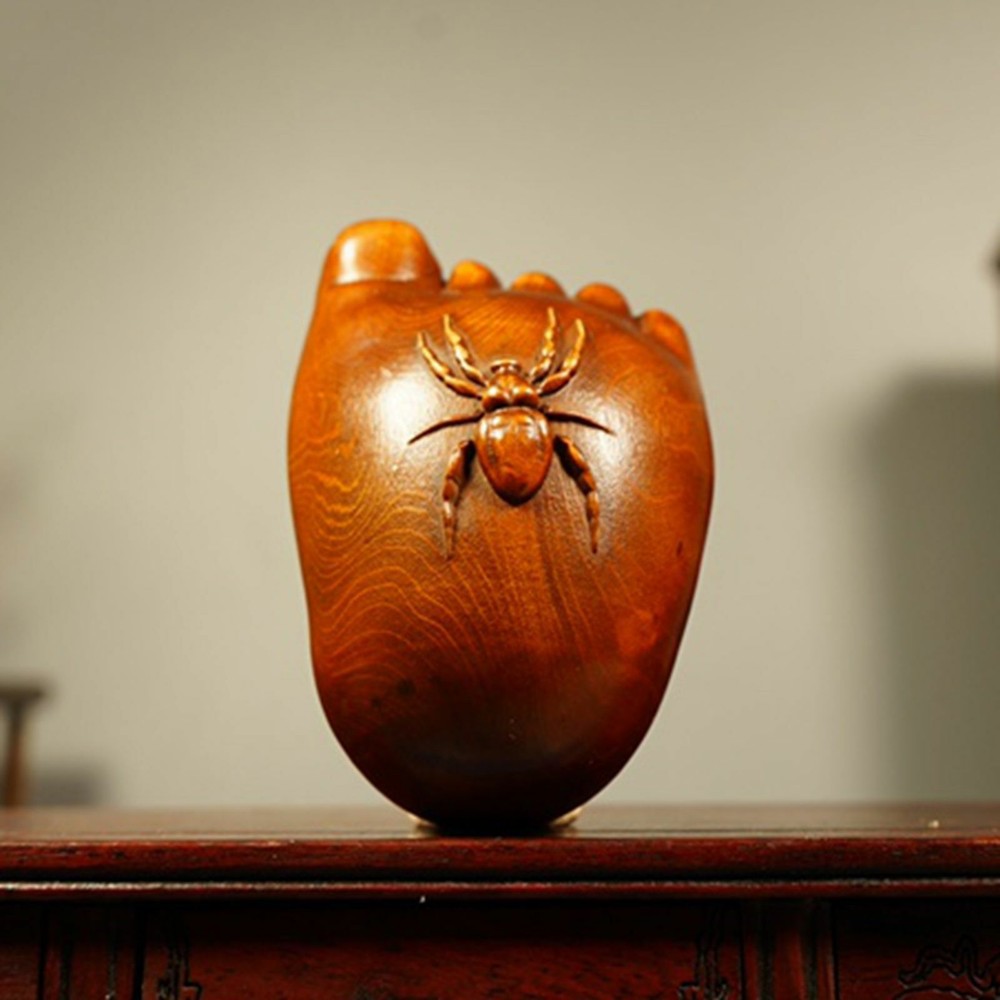 Antique Vintage Chinese Boxwood Carving Foot Statue Carved Spider Pattern Art