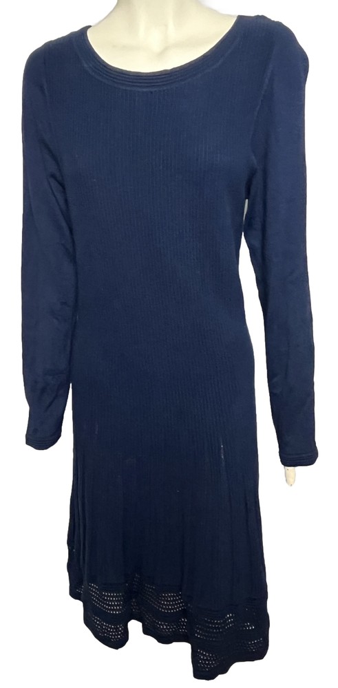 Max Studio Dress Midi Sweater Long Sleeve Stretch Ribbed Blue Large Career