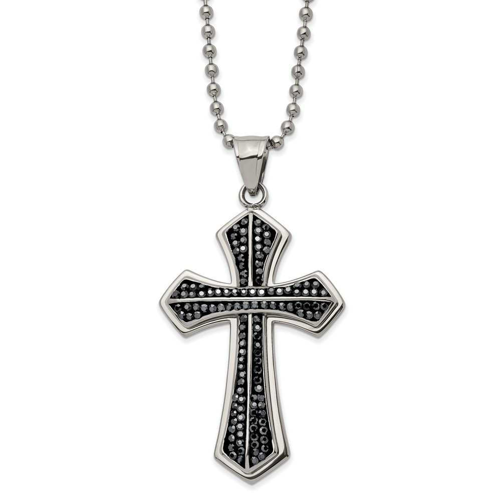 Stainless Steel Black Preciosa Crystal Cross Pendant with 22 Inch Ball Chain Necklace
