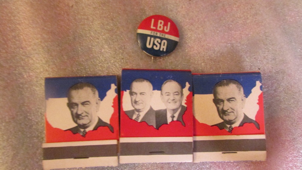 LBJ BOOK MATCHES AND PIN BACK 1964