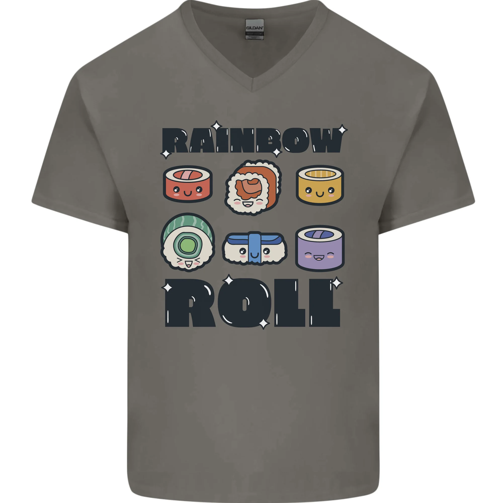Kawaii Sushi Rainbow Roll Fish Cotton V-Neck T-Shirt for Men