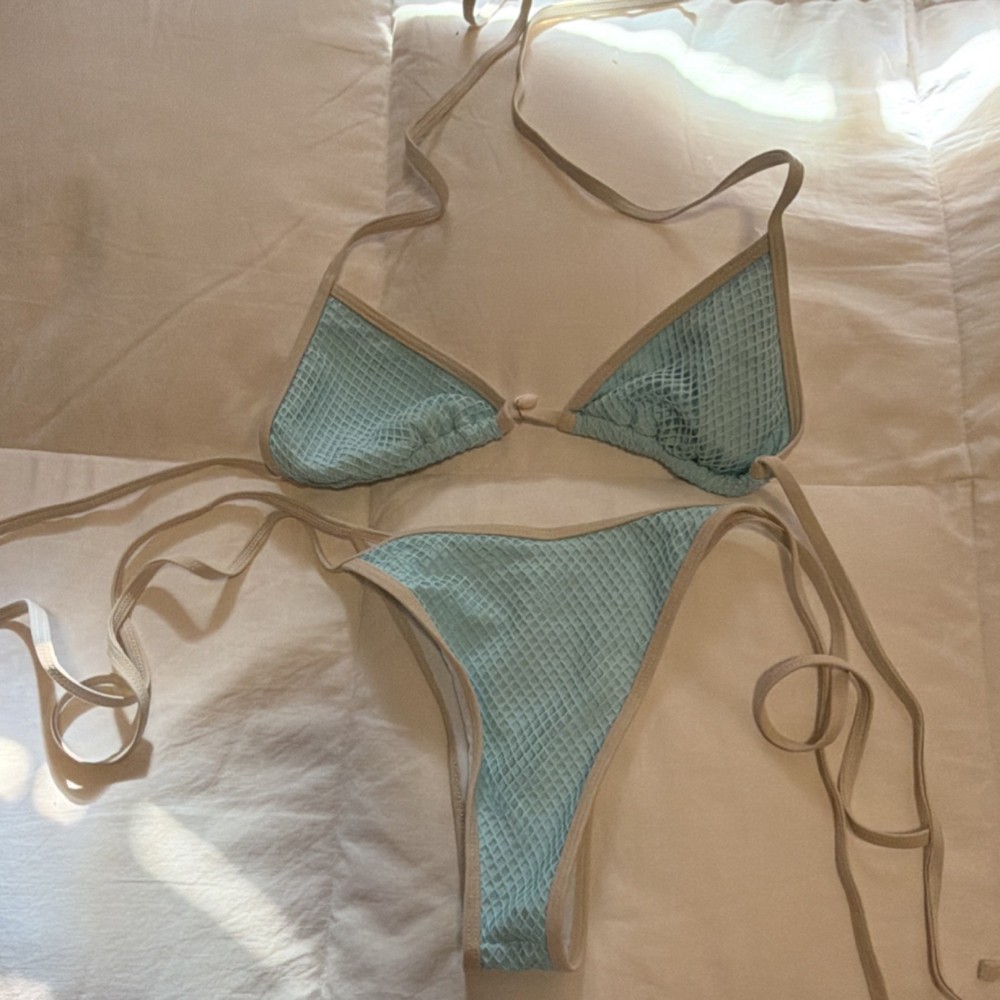 Light Blue/White Triangle Thong Bikini Set Halter Tie Ruffle Stretch 2 Piece S