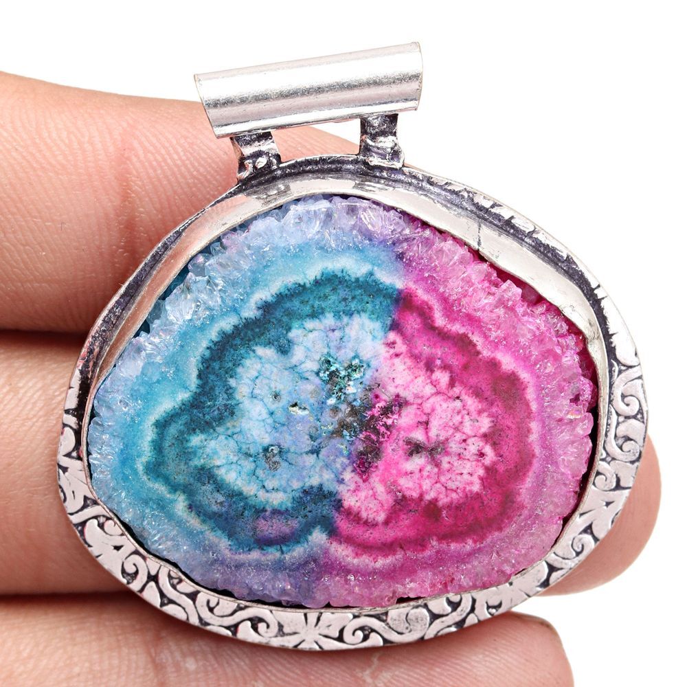 Solar Drusy Gemstone Pendant Necklace Silver Jewelry Gift For Women 2 Inch