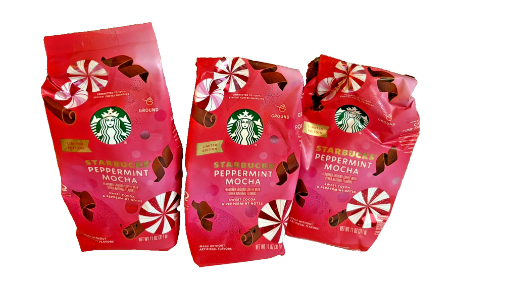 Starbucks Peppermint Mocha Flavored Light Roast Ground Coffee 3 Pkgs 11 Oz Each