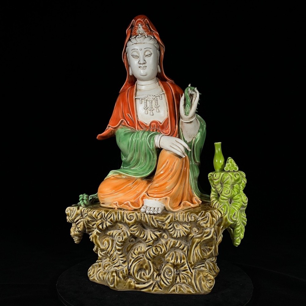 17.7-inch Antique Dehua Kiln Kwan-yin Statue Sitting on Rock