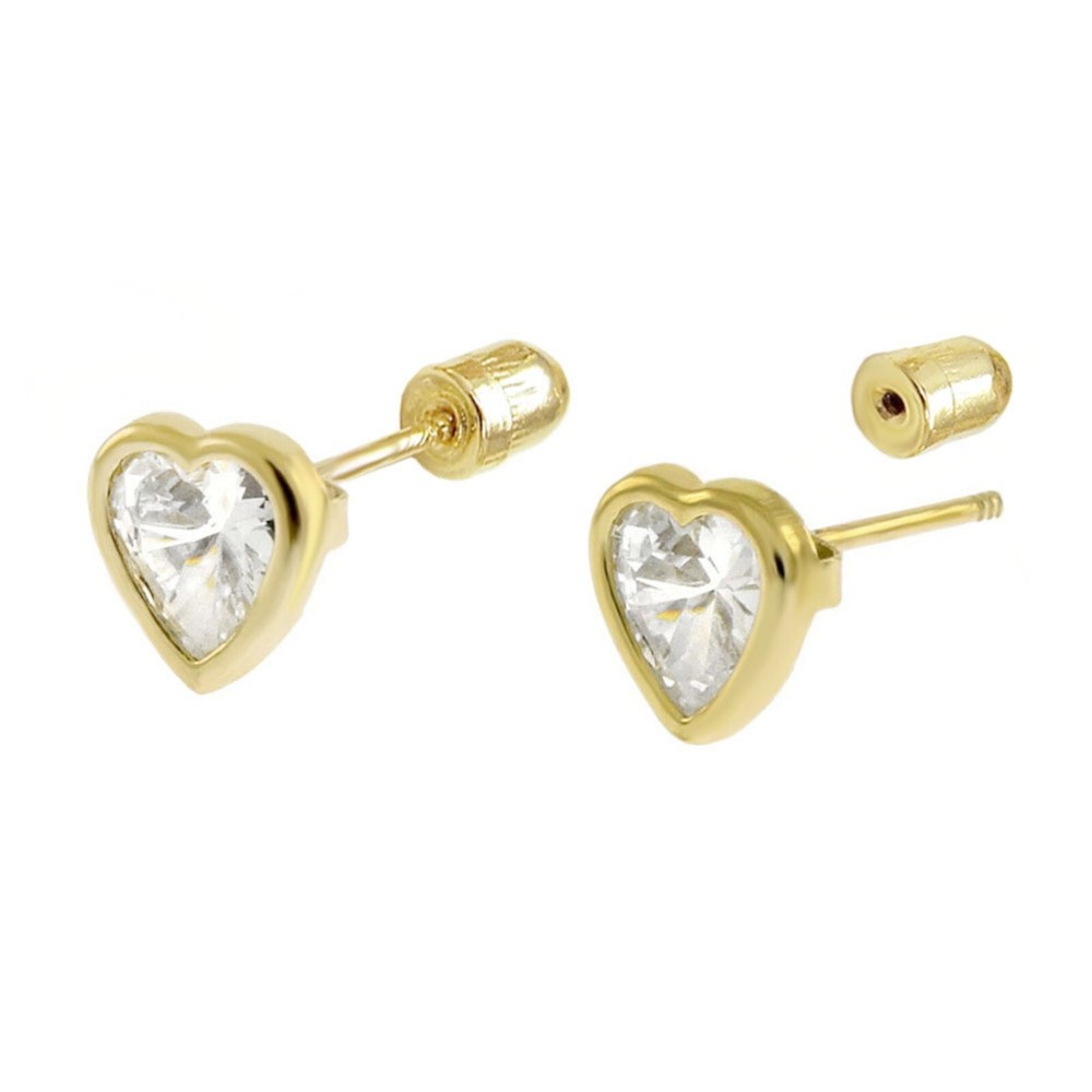 14k Yellow Gold White Sapphire Heart Stud Earrings with Screw Backs