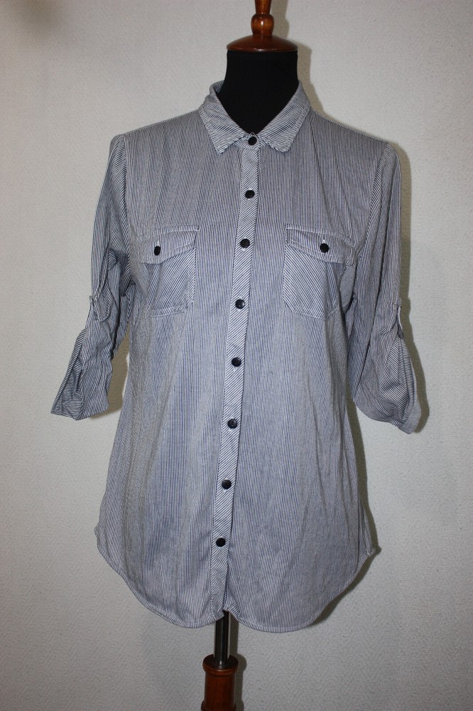 Eden & Olivia Sz M Black Gray Pinstripe Button Front Tunic Shirt Roll Tab Sleeve