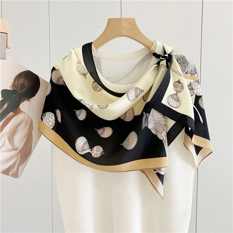 100% Mulberry Silk Crepe Oblong Scarf with Balloons Print in Black